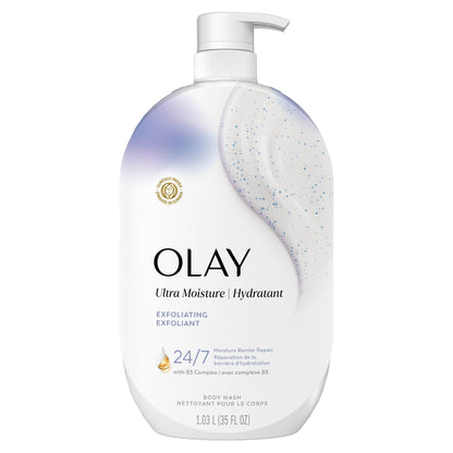 Olay Ultra Moisture Exfoliating Body Wash, Vitamin B3 and Hyaluronic Blend, 35oz
