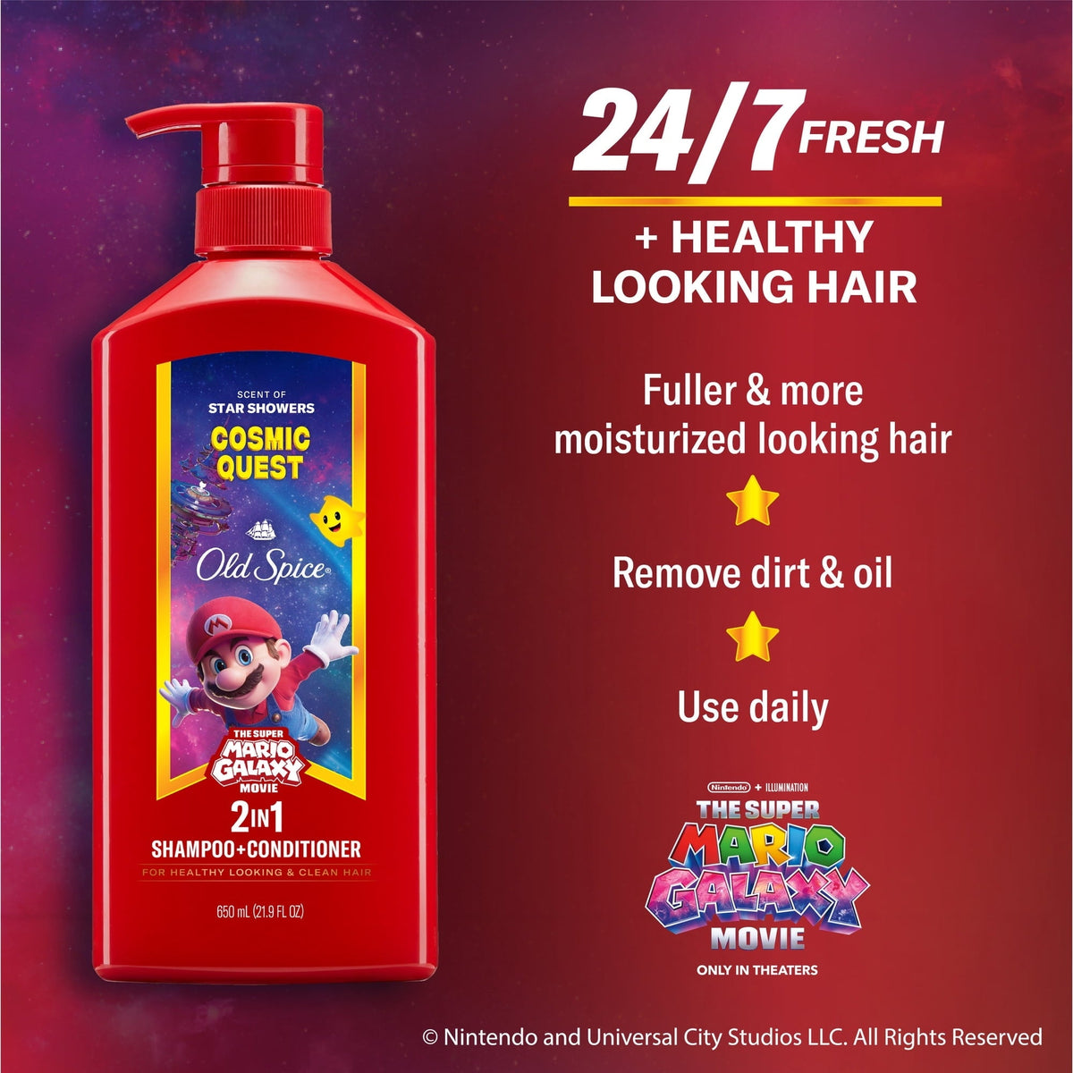 (3 PACK ) Old Spice 2-in-1 Mens Shampoo and Conditioner, Cosmic Quest, Old Spice x The Super Mario Galaxy Movie, 21.9 fl oz