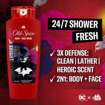 Old Spice Cleansing Body Wash for Men, 24/7 Shower Fresh, 2 in 1 Body and Face Wash, Rich Lather, Batman, Black Cherry and Nightfall Scent, 24oz