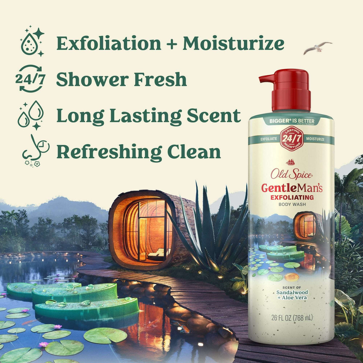 Old Spice Men's Body Wash for Men, Sandalwood and Aloe Vera, 24/7 Shower Fresh, 18 oz, Exfoliation + Moisturization, 26oz