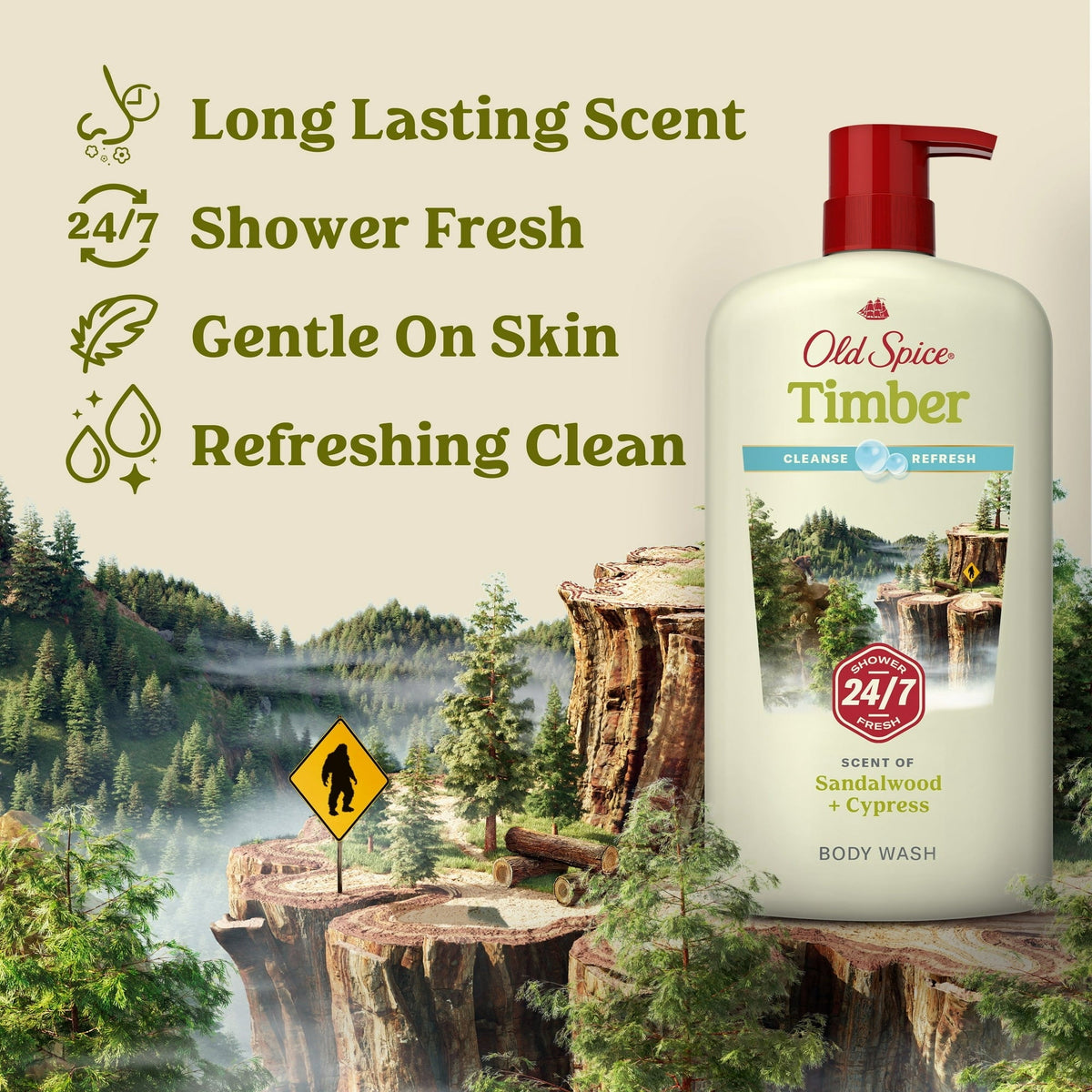 Old Spice Men's Body Wash Timber with Sandalwood, 24/7 Shower Fresh, 30 oz