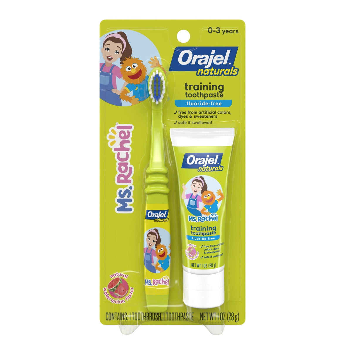 Orajel Naturals Ms. Rachel Training Toothpaste and Toothbrush, Natural Watermelon, 1 oz