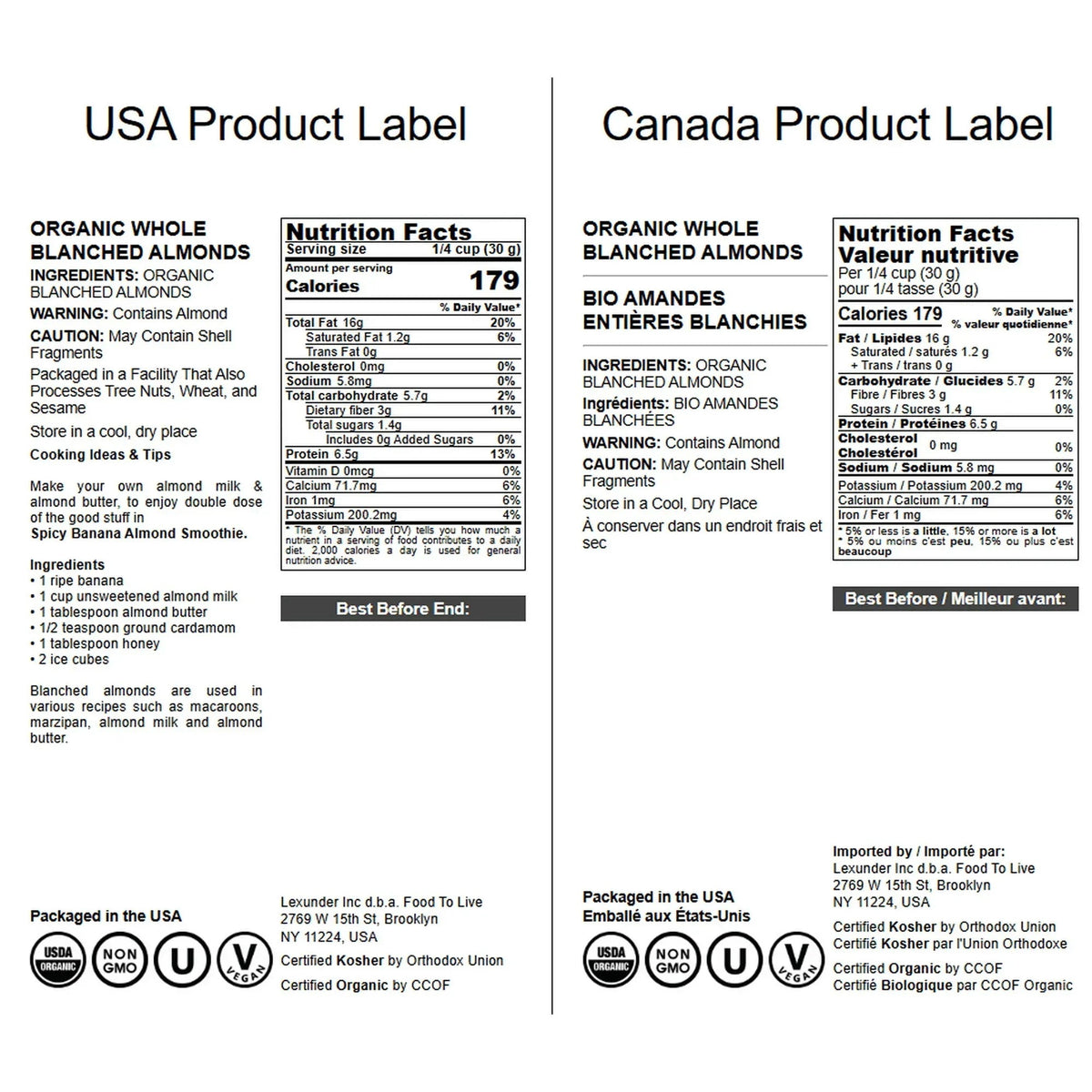 Organic Whole Blanched Almonds — Non-GMO, Kosher, Vegan — by Food to Live