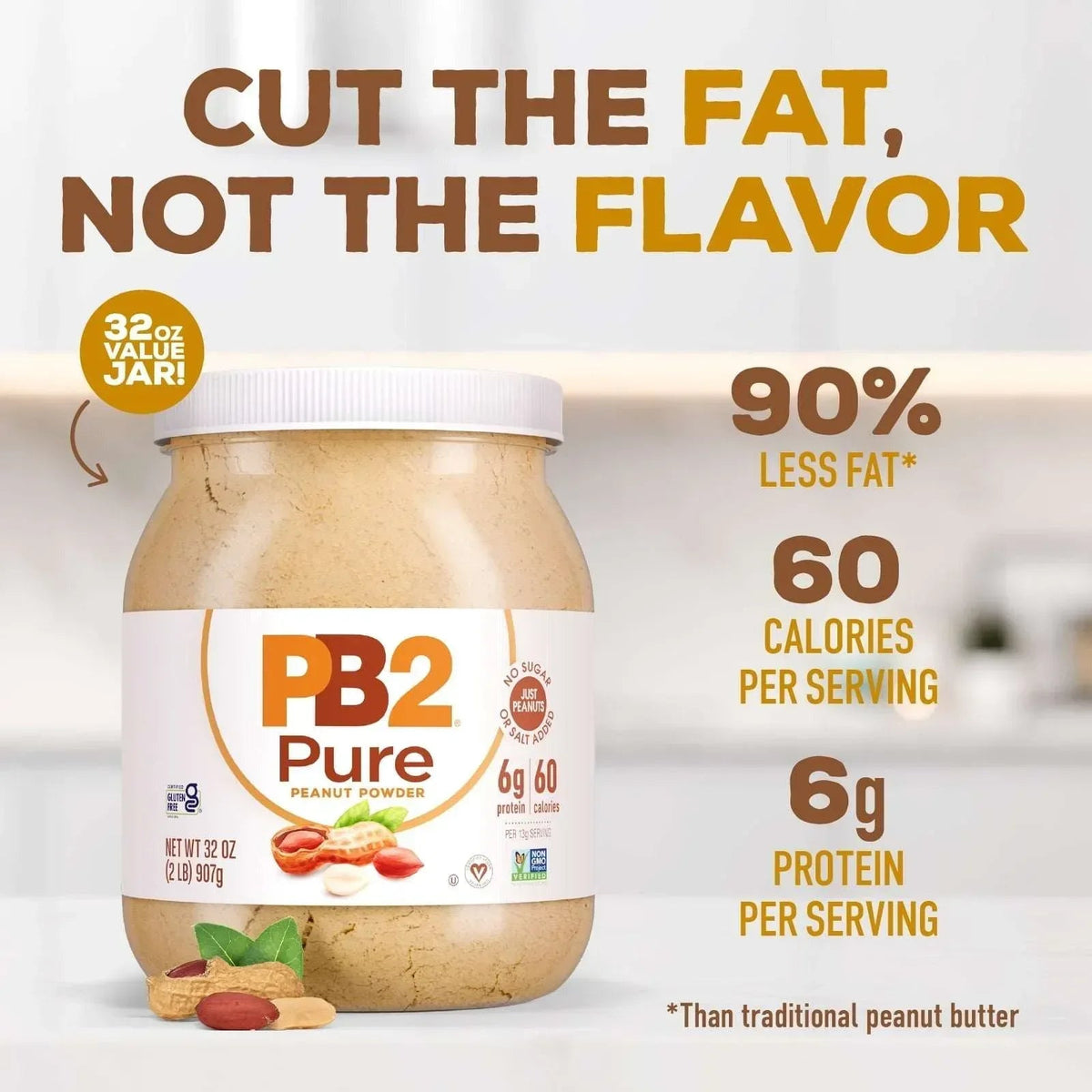 PB2 Pure Peanut Butter Powder - [2 lb/32 oz Jar] - No Added Sugar, No Added Salt, No Added Preservatives - 100% All Natural Roasted Peanuts - 6g of Plant-Based Protein