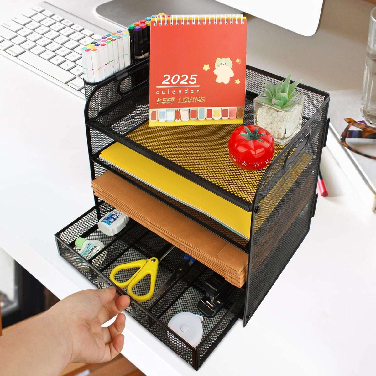 PHANCIR 4-Tier Desk Organizer, New Office Supplies, Metal Desktop File Organizer & Storage with Pull-out Drawer, 1 Pack