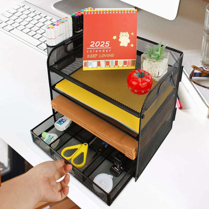 PHANCIR 4-Tier Desk Organizer, New Office Supplies, Metal Desktop File Organizer & Storage with Pull-out Drawer, 1 Pack
