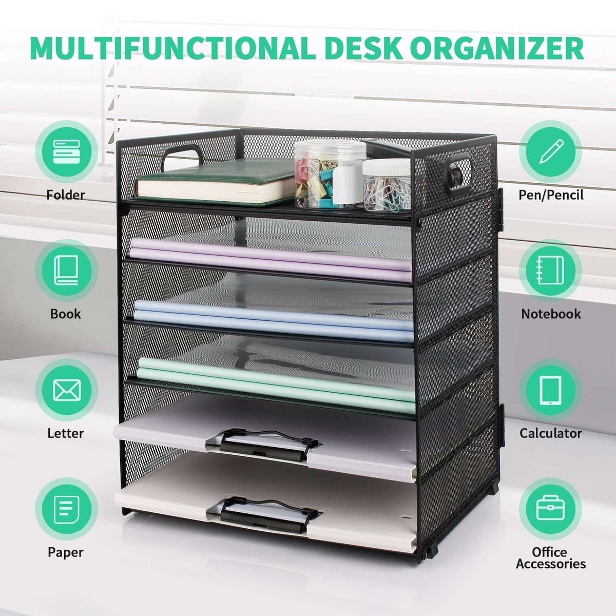 PHANCIR 6-Tier Desk Organizer Paper Storage Box ,Stationery Tray with Handle Mesh Stationery Tray Desktop File Classifier, Suitable for Office, Home