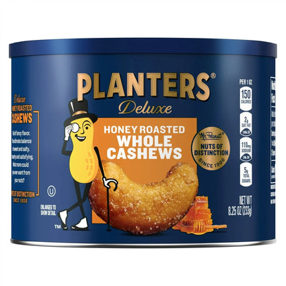 PLANTERS Deluxe Honey Roasted Whole Cashews, Sweet and Salty Snacks, Plant Based Protein, 8.25 oz Steel Can