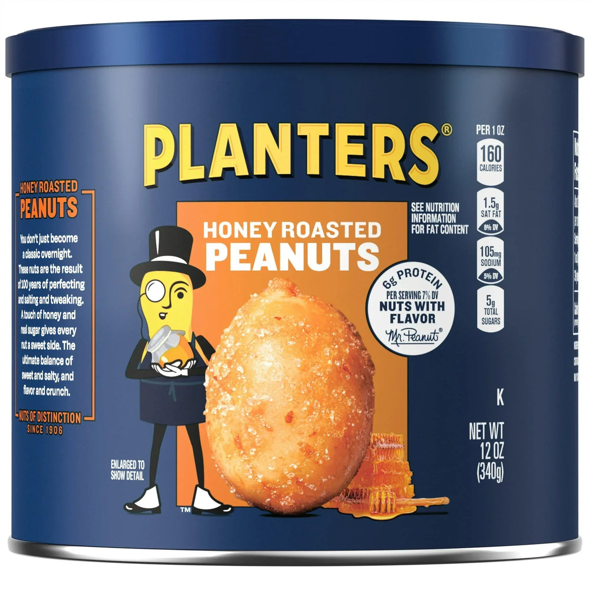 PLANTERS Honey Roasted Peanuts, Sweet and Salty Snacks, Plant Based Protein, 12 oz Canister