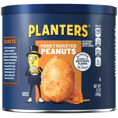 PLANTERS Honey Roasted Peanuts, Sweet and Salty Snacks, Plant Based Protein, 12 oz Canister