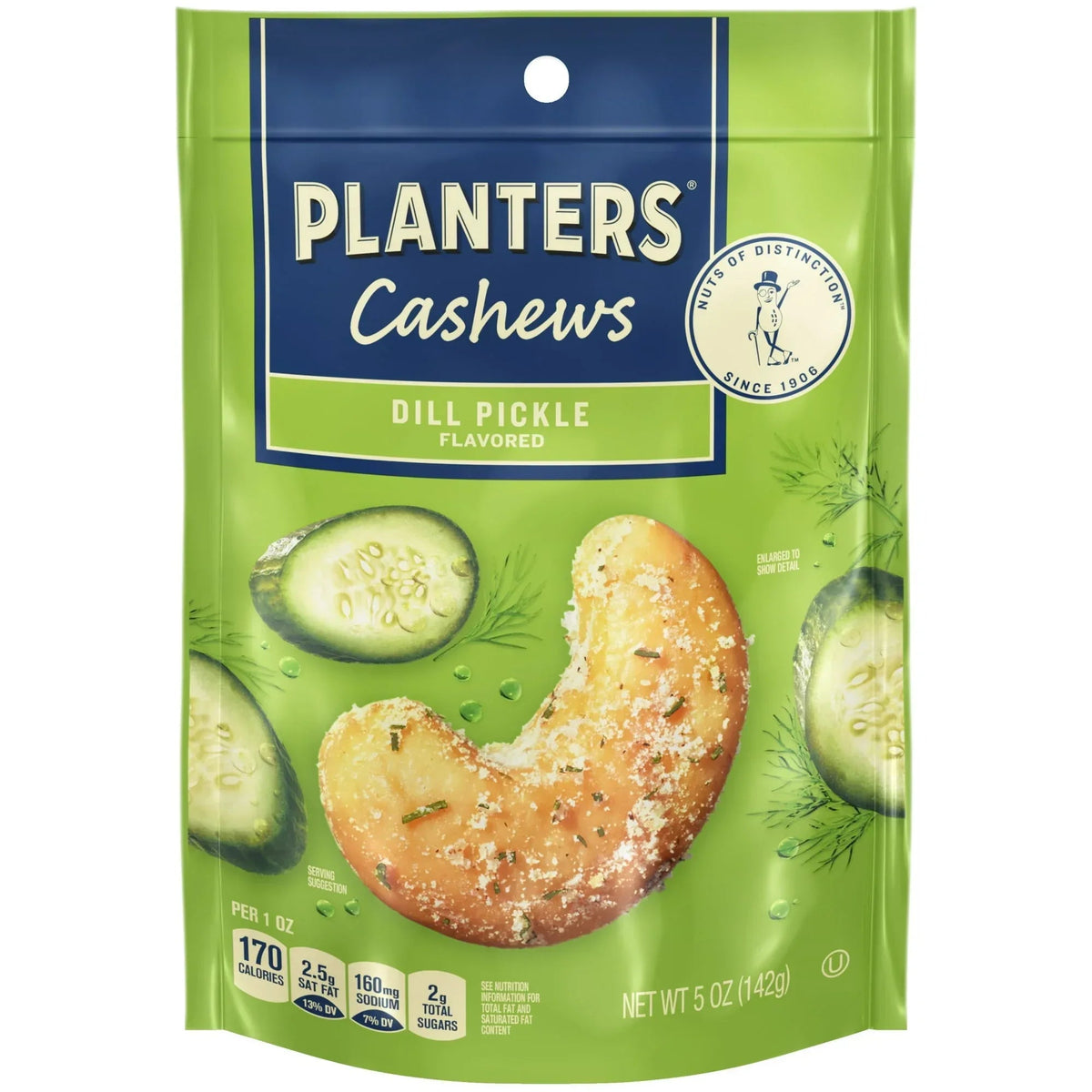 PLANTERS Whole Cashews Dill Pickle Flavored, Party Snacks, Plant Based Protein 5 oz Plastic Bag
