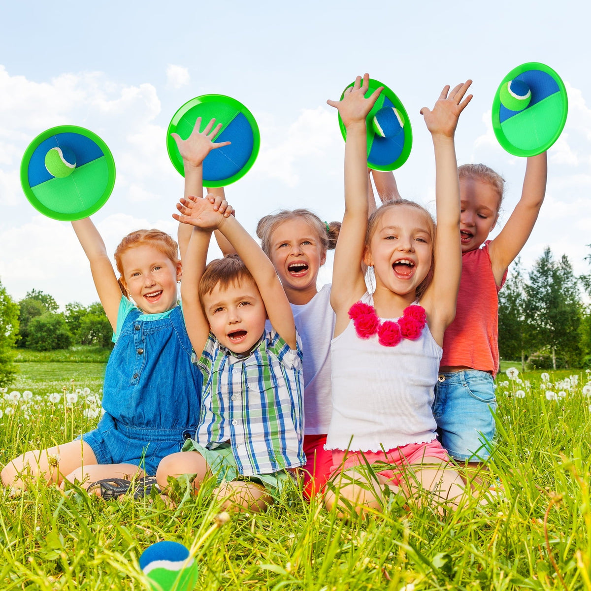 PLAYZAP Toss and Catch Ball Set - Outdoor Toys for Kids ages 3 4-8, Beach Toys Outside Yard Pool Lawn Games, Gifts for Boys Girls Adults Family - 4 Paddles 4 Sticky Balls(Upgraded)