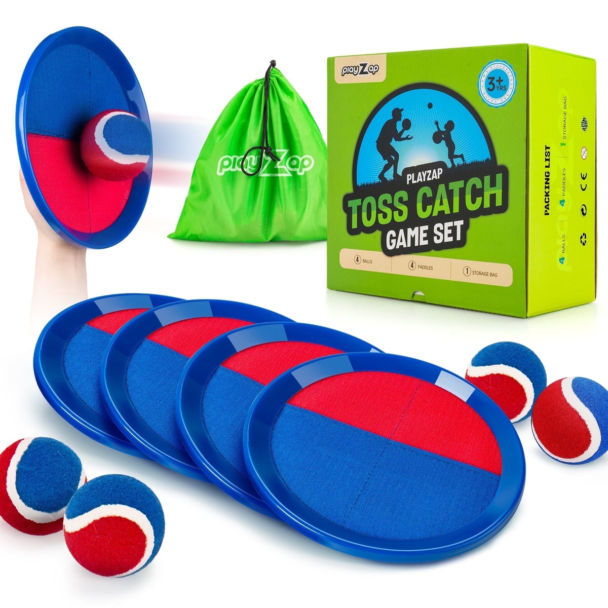 PLAYZAP Toss and Catch Ball Set - Outdoor Toys for Kids ages 3 4-8, Beach Toys Outside Yard Pool Lawn Games, Gifts for Boys Girls Adults Family - 4 Paddles 4 Sticky Balls(Upgraded)