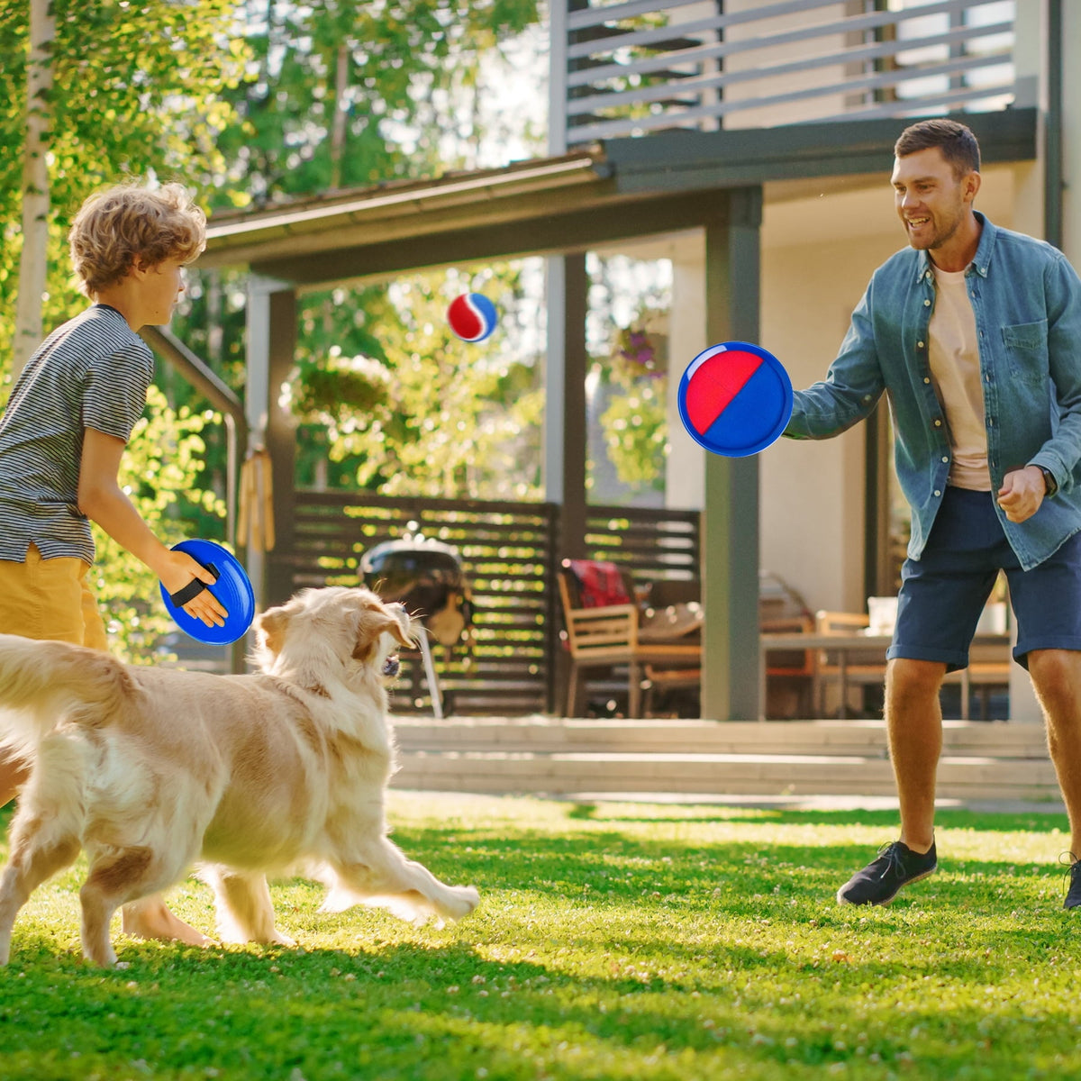 PLAYZAP Toss and Catch Ball Set - Outdoor Toys for Kids ages 3 4-8, Beach Toys Outside Yard Pool Lawn Games, Gifts for Boys Girls Adults Family - 4 Paddles 4 Sticky Balls(Upgraded)