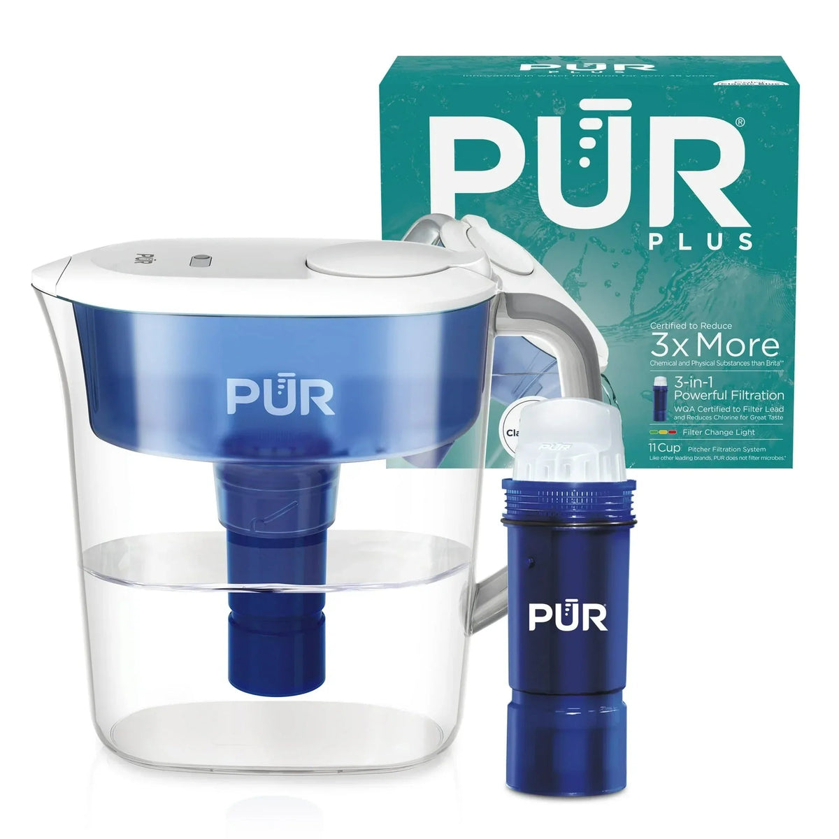 PUR PLUS 11 Cup Water Pitcher with Lead Reducing Filter, W 9.6" x H 10.1" x L 4.5",