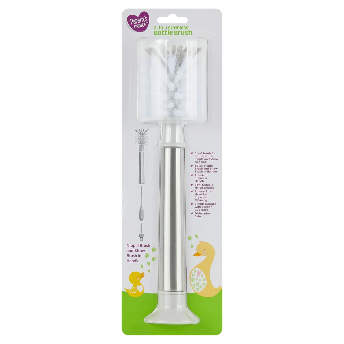Parent's Choice Brush Breaks Long Handle Stainless Bottle Brush Cleaning Kit with Bottle Brush, Straw Brush, Nipple Brush, 2.63 in, Gray, 1 Piece