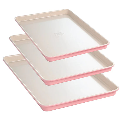 Paris Hilton 3-Piece Nonstick Cookie Sheet Pan Bakeware Set, Carbon Steel Baking Sheets, Dishwasher Safe, Pink