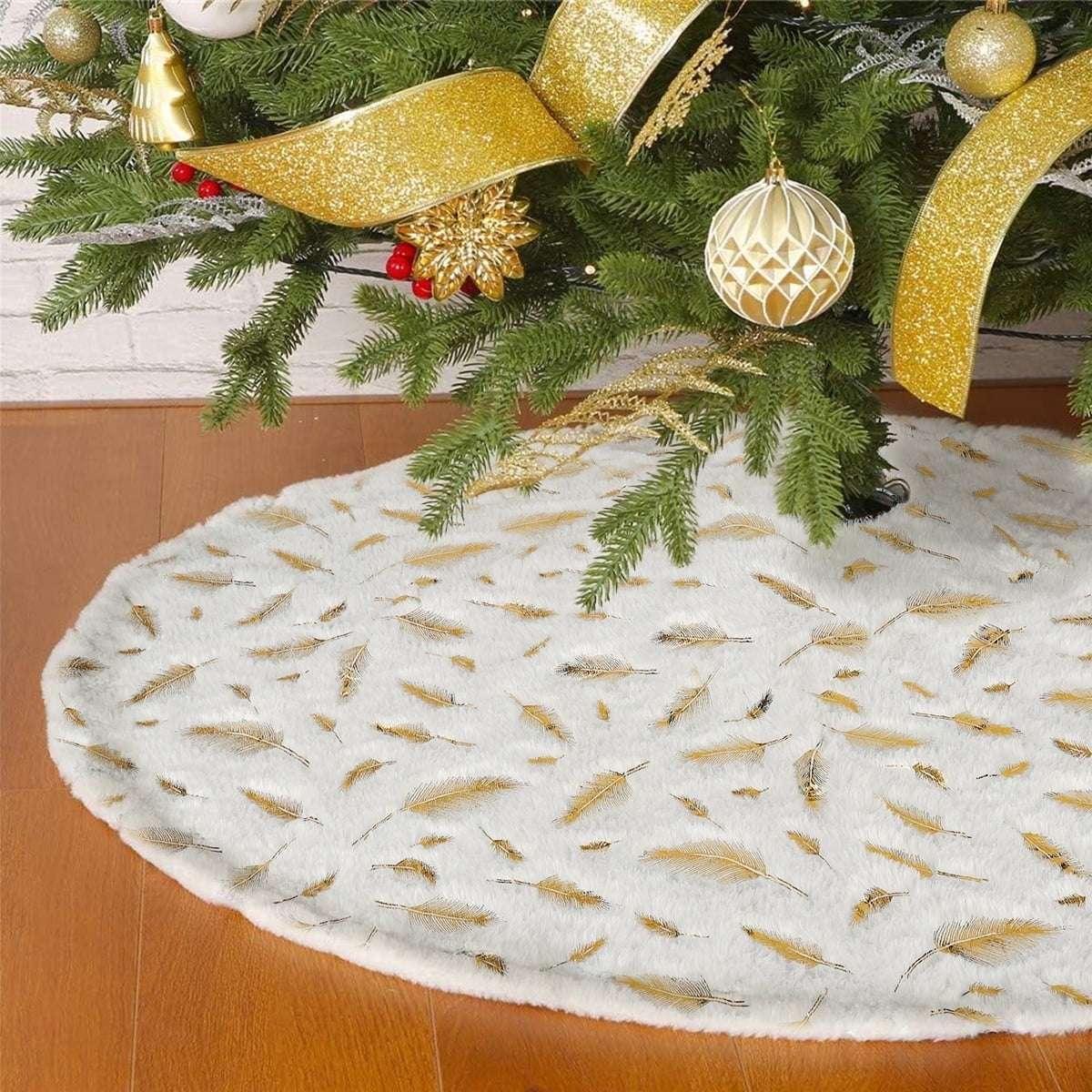 Christmas Tree Skirt 36 inch White Plush Skirts Christmas Decorations Indoor Faux Fur Christmas Ornaments Xmas Decorations for Merry Christmas Party, Feather