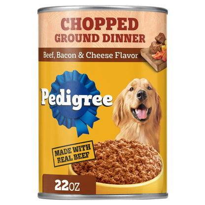 Pedigree Chopped Ground Dinner Beef Bacon & Cheese Flavor Adult Wet Dog Food, (12) 22 oz Cans