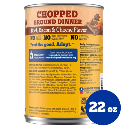 Pedigree Chopped Ground Dinner Beef Bacon & Cheese Flavor Adult Wet Dog Food, (12) 22 oz Cans