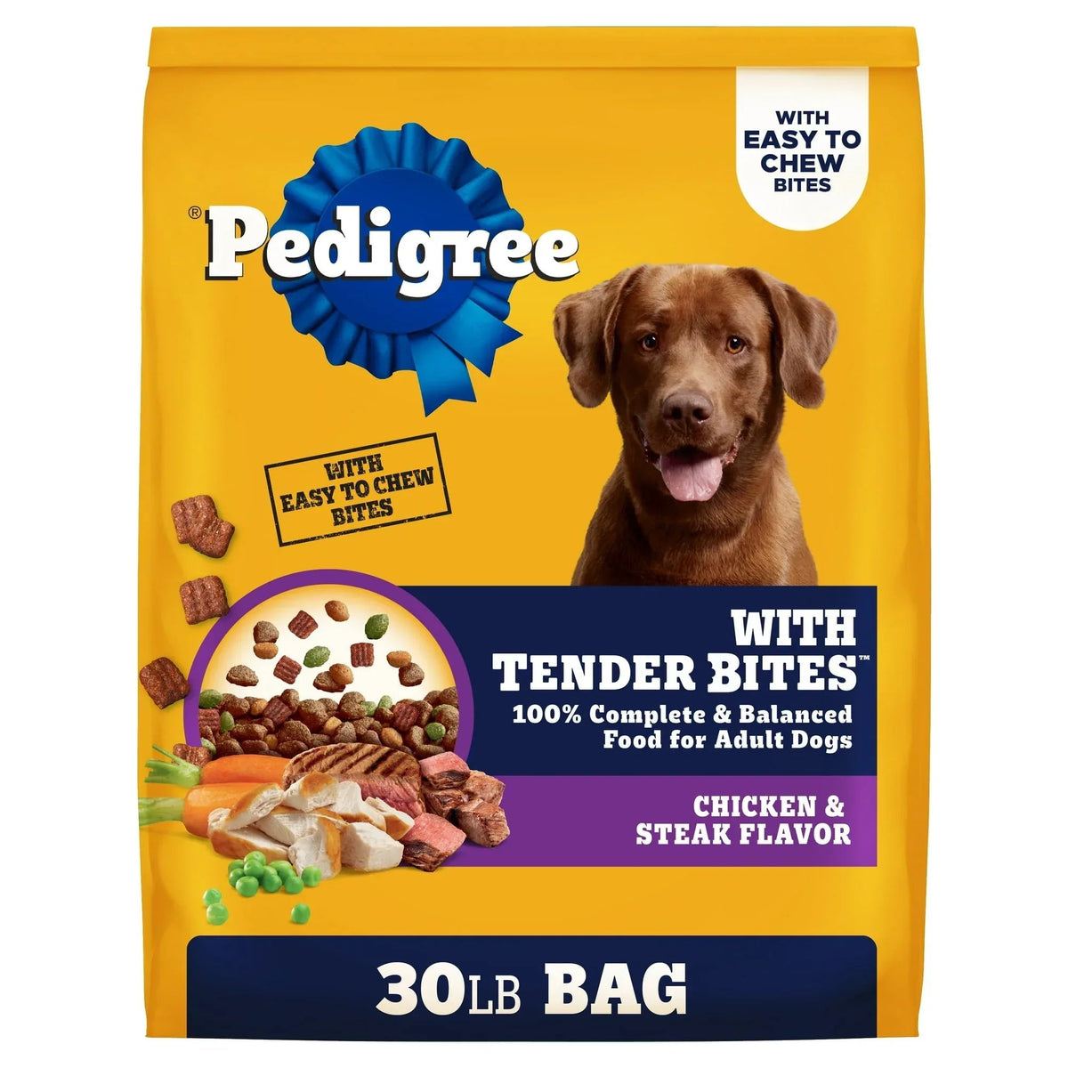 Pedigree With Tender Bites Complete Nutrition Adult Dry Dog Food Chicken & Steak Flavor Dog Kibble, 30 Lb Bag