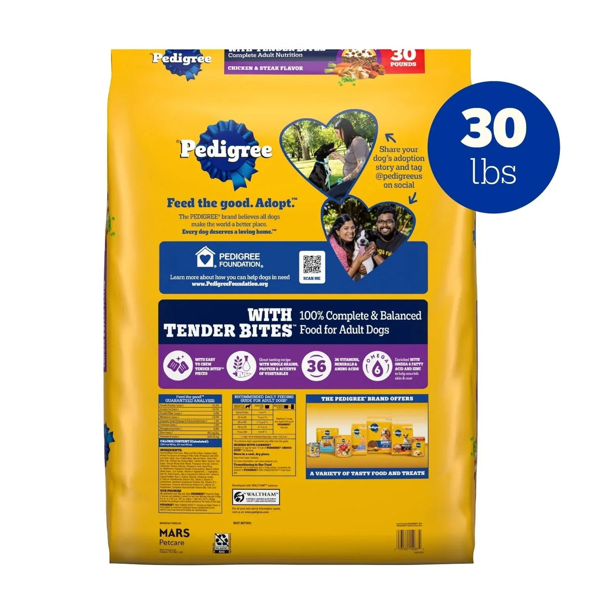 Pedigree With Tender Bites Complete Nutrition Adult Dry Dog Food Chicken & Steak Flavor Dog Kibble, 30 Lb Bag