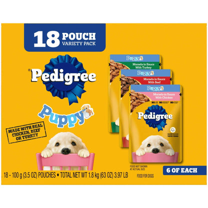 Pedigree Puppy Food Morsels in Sauce, Wet Dog Food Variety Pack, 3.5 oz Pouches 18 Count (Pack of 2)