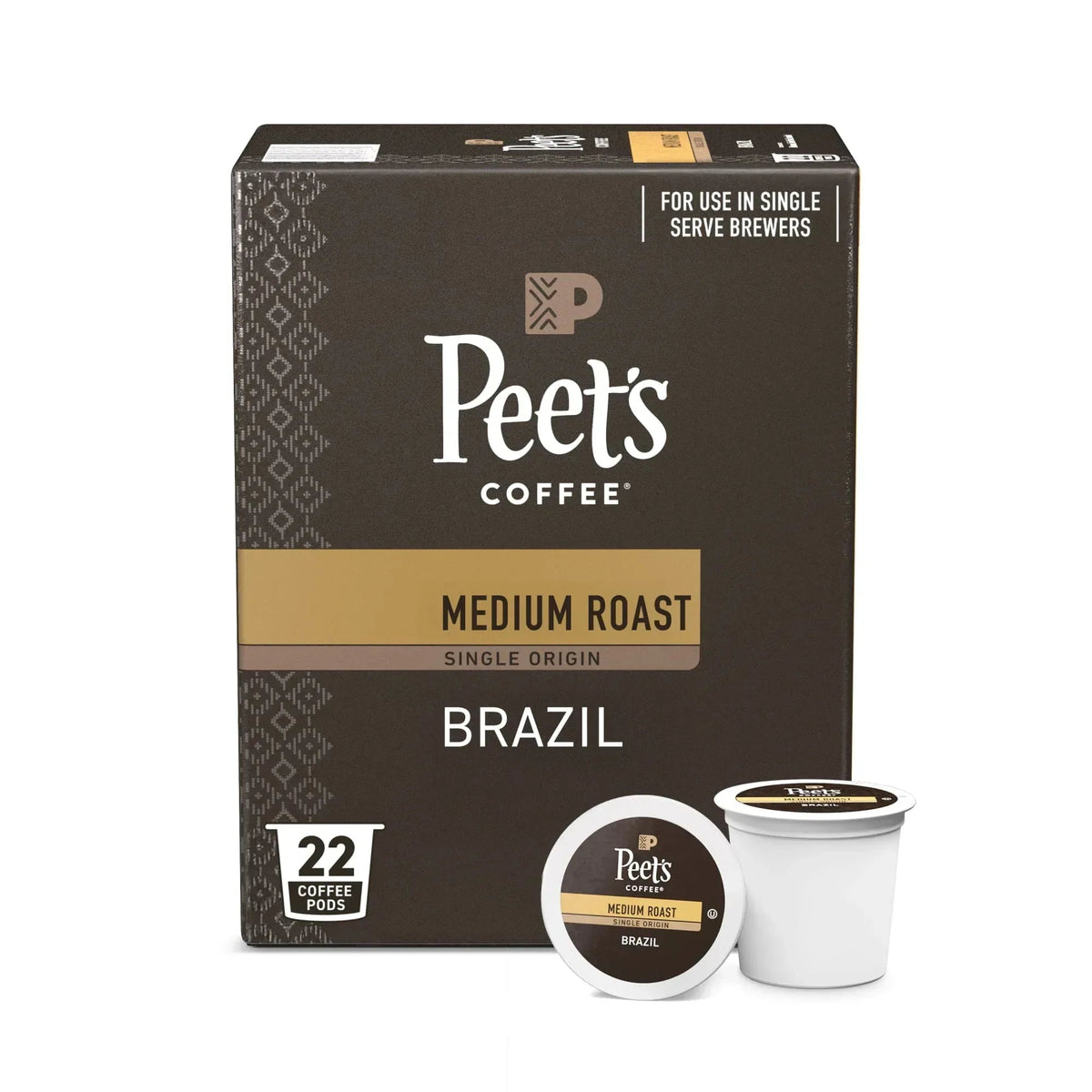 Peet's Coffee Single Origin Brazil Premium Medium Roast Single Serve Coffee Pods, 22 Count