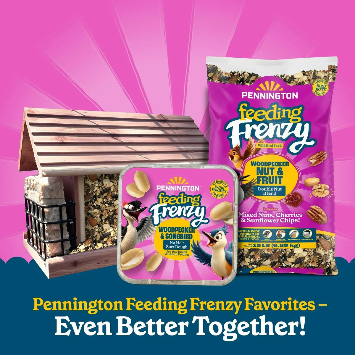 Pennington Feeding Frenzy No-Melt Suet Dough Woodpecker & Songbird Suet Cakes for Wild Birds, Wild Bird Food, 10 Oz. Cake, 8 Count Value Pack, Fresh