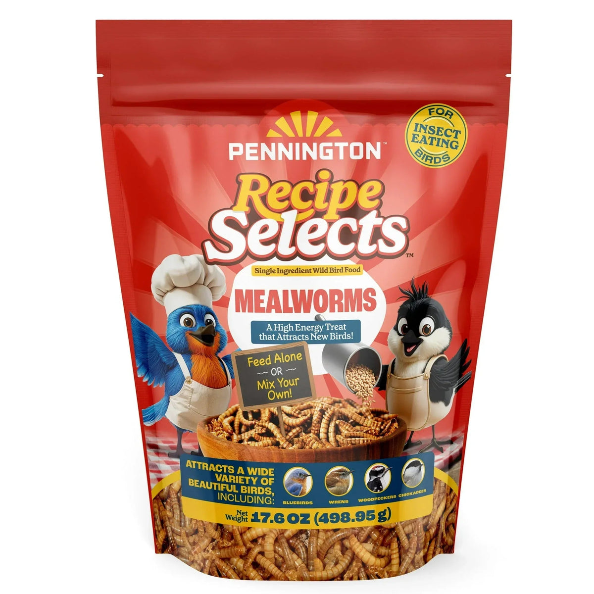 Pennington Recipe Selects Dried Mealworms for Birds, Bluebird and Wild Bird Food for Outside Feeder, 17.6 oz Bag, 1 Pack