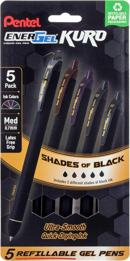 Pentel EnerGel Kuro Gel Pen, Shades of Black, 0.7mmtip, Assorted black ink, 5 pens