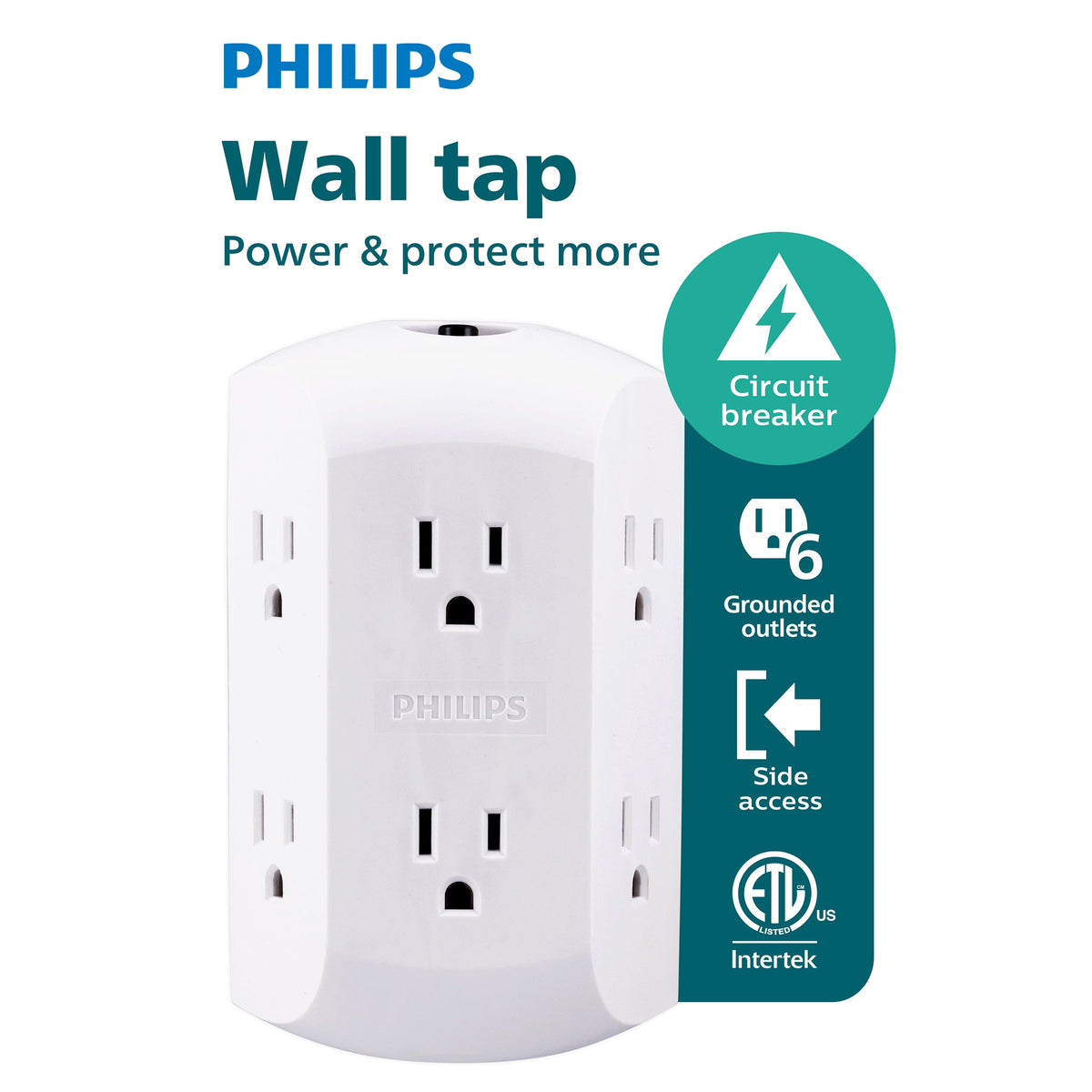 Philips 6 Outlet Grounded Wall Tap, Resettable Circuit Breaker, White, SPS1460WA/37