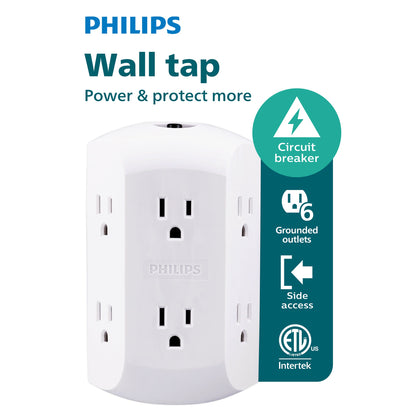 Philips 6 Outlet Grounded Wall Tap, Resettable Circuit Breaker, White, SPS1460WA/37