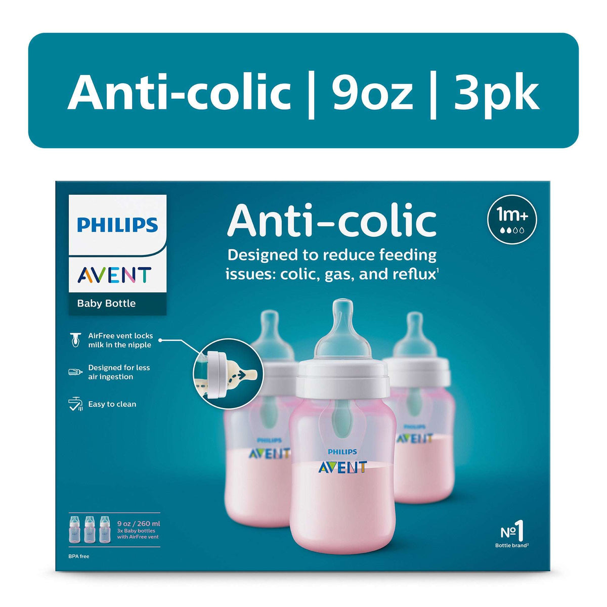 Philips Avent Anti-colic Bottle with AirFree Vent, 9oz, 3pk, Clear, SCY703/03