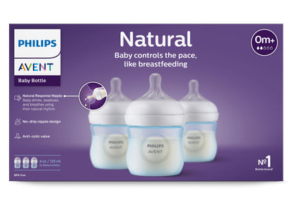 Philips Avent Natural Baby Bottle with Natural Response Nipple, Blue, 4oz, 3pk, SCY900/23
