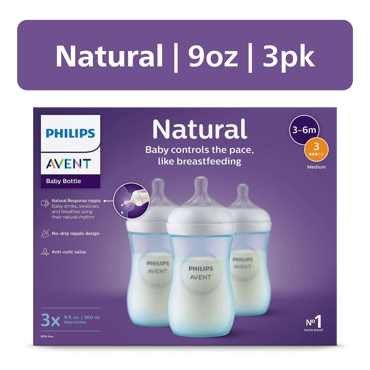 Philips Avent Natural Baby Bottle with Natural Response Nipple, Blue, 4oz, 3pk, SCY900/23