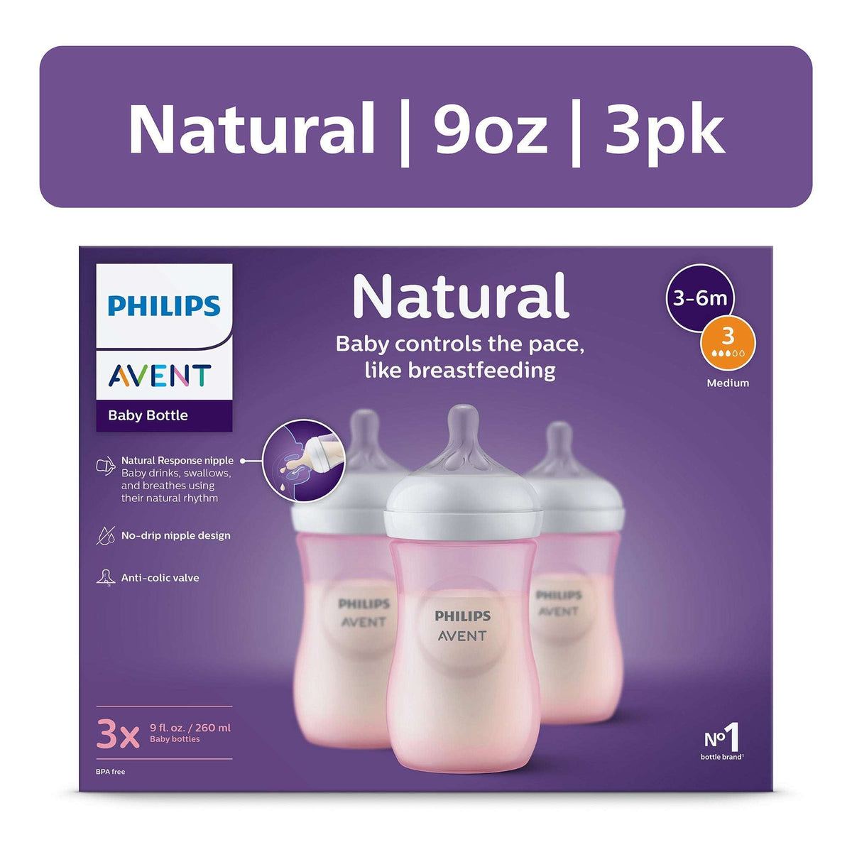 Philips Avent Natural Baby Bottle with Natural Response Nipple, Blue, 4oz, 3pk, SCY900/23