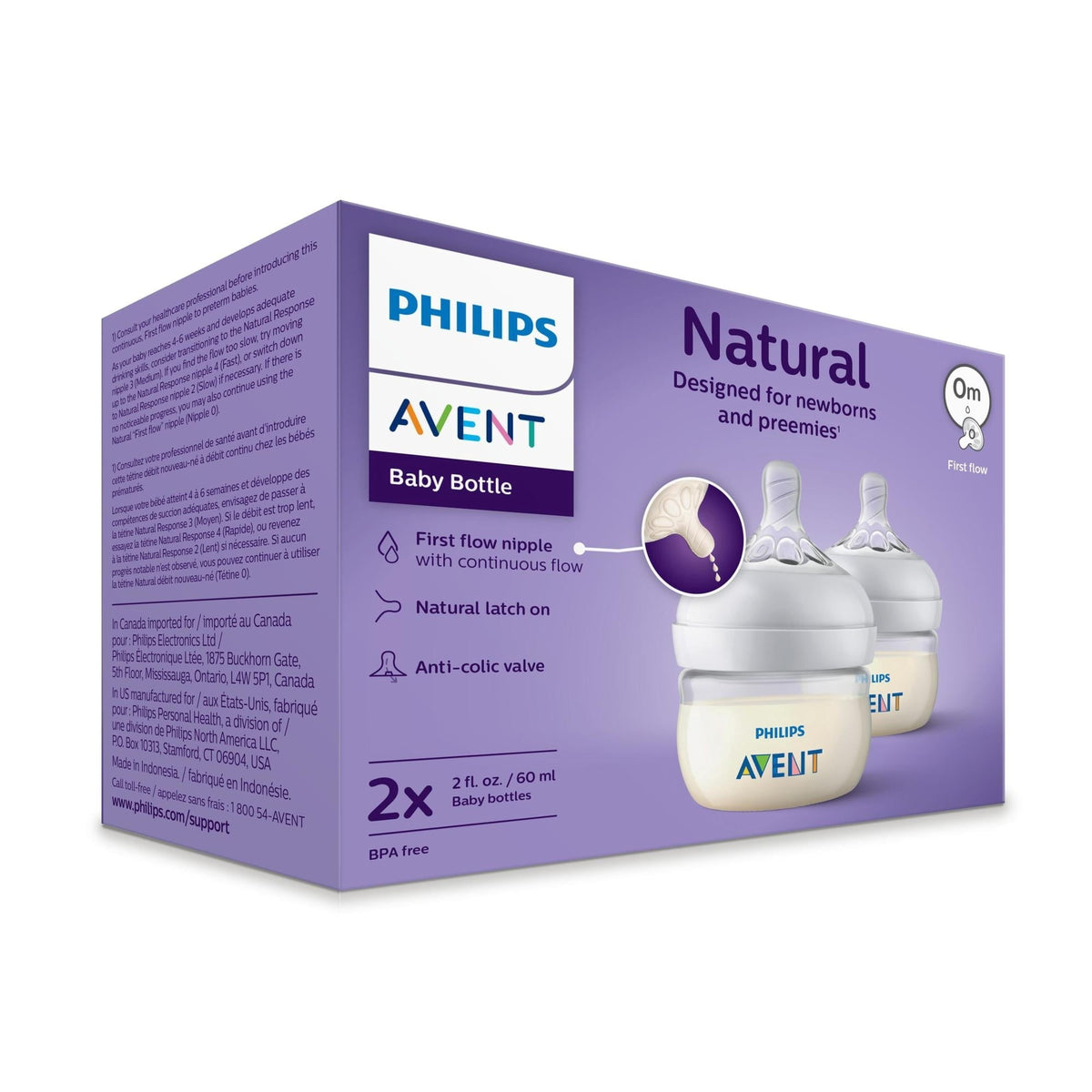Philips Avent Natural Baby Bottles, with First Flow Nipple, 2oz, 2 Pack, SCF019/25