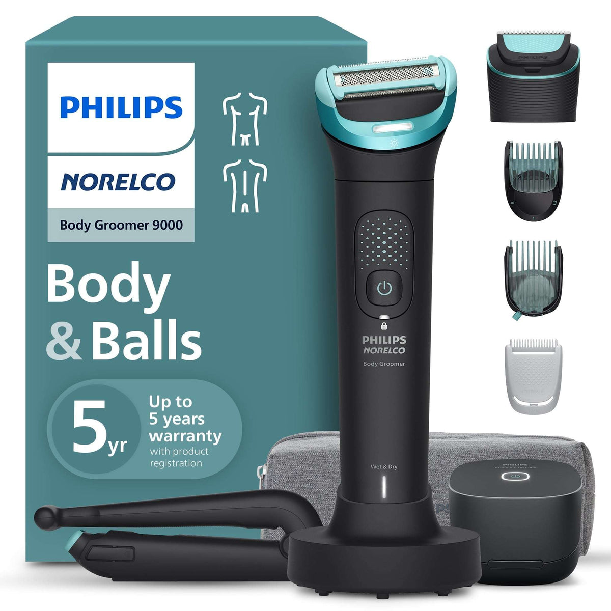Philips Norelco Body Groomer 9000 Series, Body Hair Trimmer For Men & Intimate Shaver System with Uv Cube Cleaner & Adjustable Back Attachment, 100% Showerproof, BG9480/50