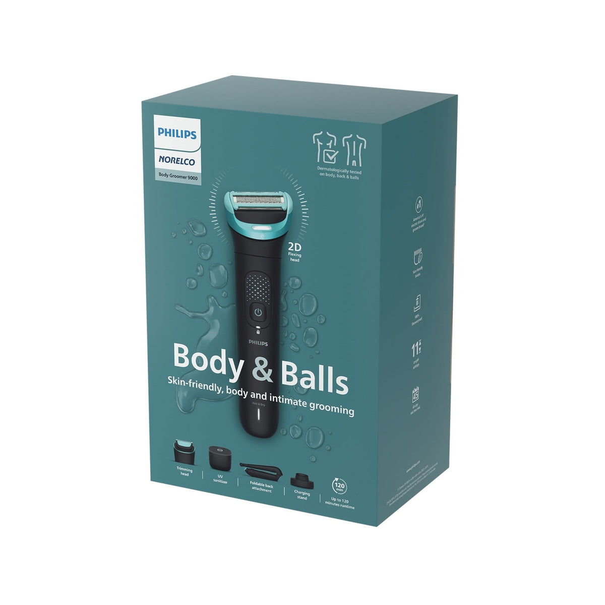 Philips Norelco Body Groomer 9000 Series, Body Hair Trimmer For Men & Intimate Shaver System with Uv Cube Cleaner & Adjustable Back Attachment, 100% Showerproof, BG9480/50