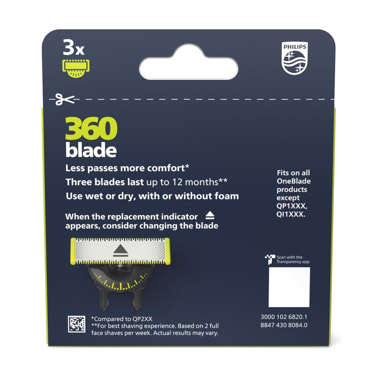 Philips Norelco OneBlade 360 Replacement Blades for Regular OneBlade Trimmer, 3 Pack, QP430/80