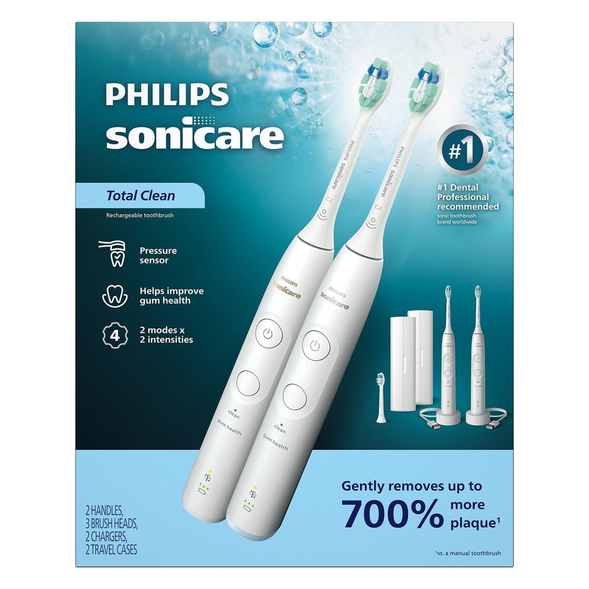 Philips Sonicare Total Clean Rechargeable Toothbrush, White Handles, 2 pk.