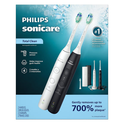 Philips Sonicare Total Clean Rechargeable Toothbrush, White and Black, 2 pk.