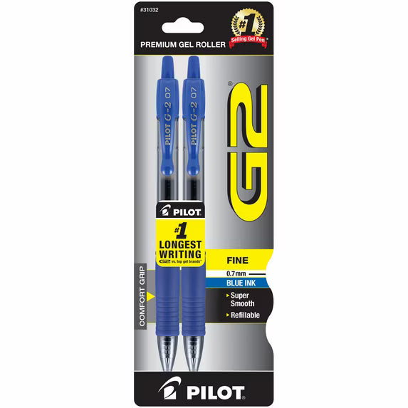 Pilot G2 Retractable Gel Ink Pens, Fine Point, Black, 2 Pack,