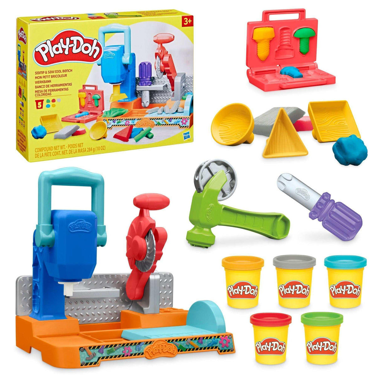 Play-Doh Stamp & Saw Tool Bench Playset, Construction Toys for Ages 3+, Kids Arts & Crafts