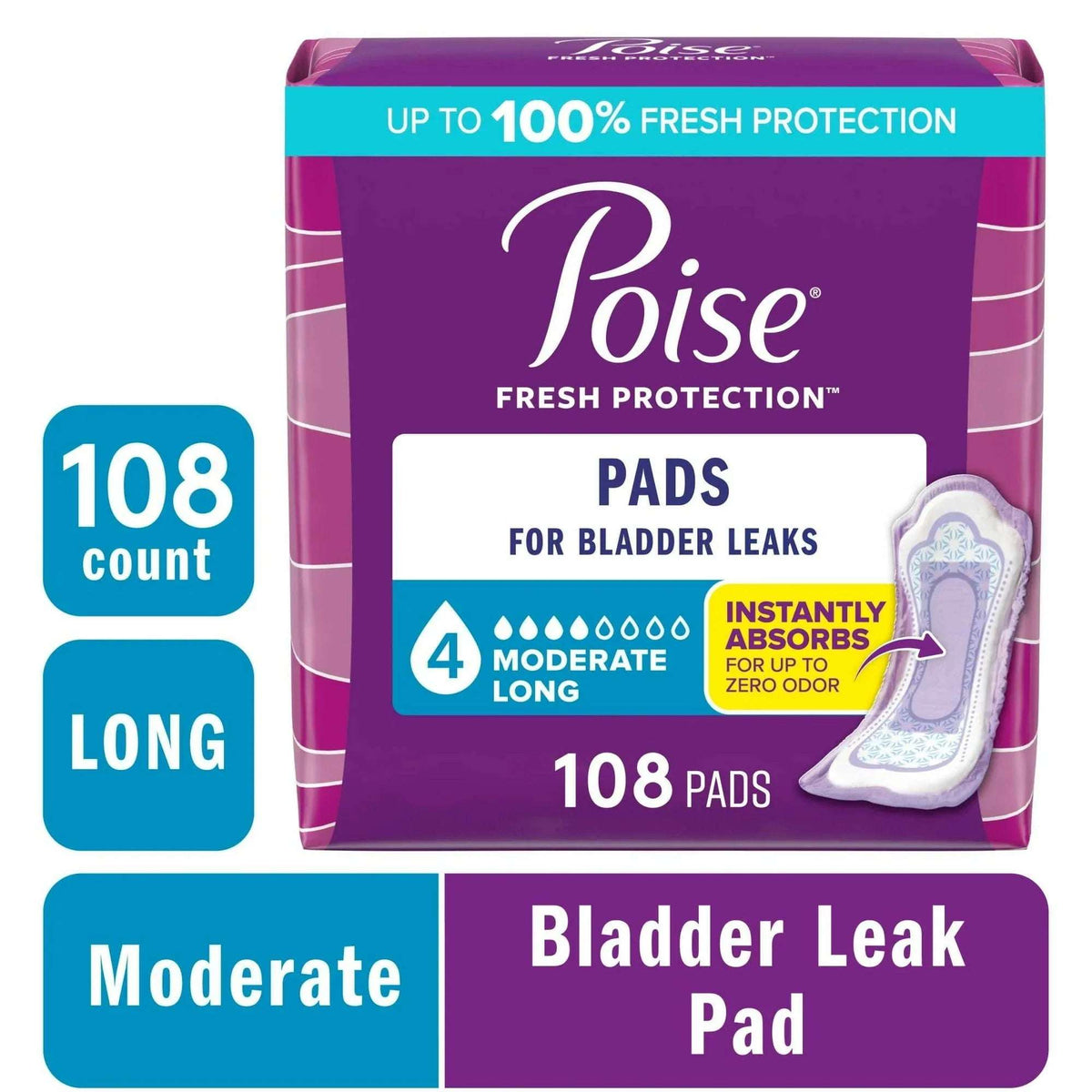 Poise Incontinence Pads for Women, 4 Drop Moderate Absorbency, Long Length