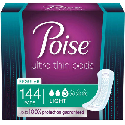 Poise Ultra Thin Incontinence Pads, 3 Drop Light Absorbency, Regular Length, 48 Count