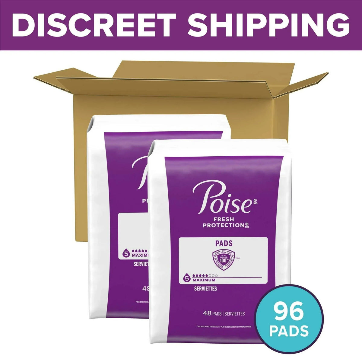 Poise Incontinence Pads for Women, 5 Drop Maximum Absorbency, Regular Length, 96 Count
