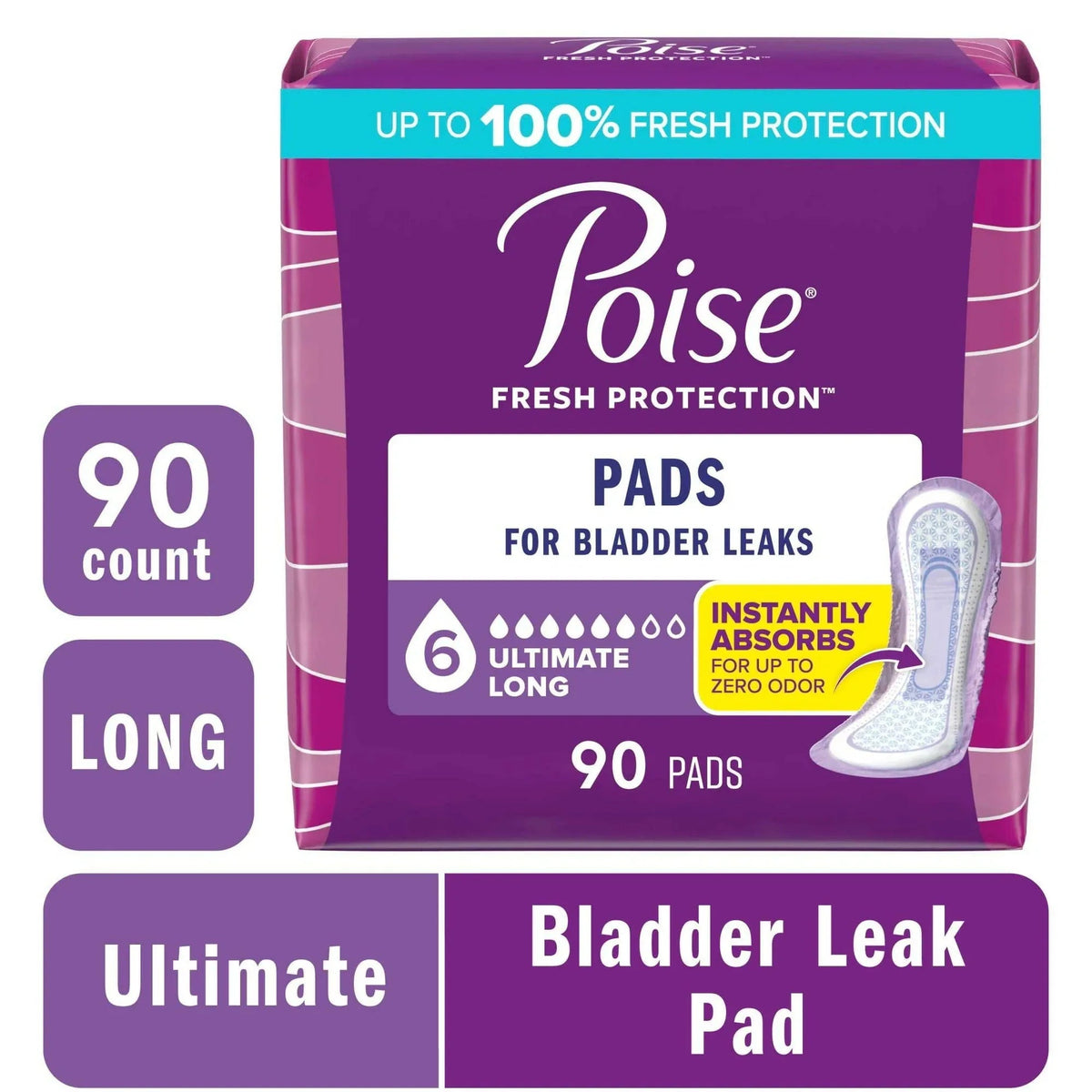 Poise Incontinence Pads for Women, 6 Drop Ultimate Absorbency, Long Length, 42 Count