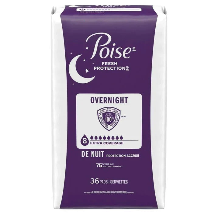 Poise Overnight Incontinence & Postpartum Pads for Bladder Leaks, 8 Drop Extra Coverage, 72 Count (2 Packs of 36), Packaging May Vary
